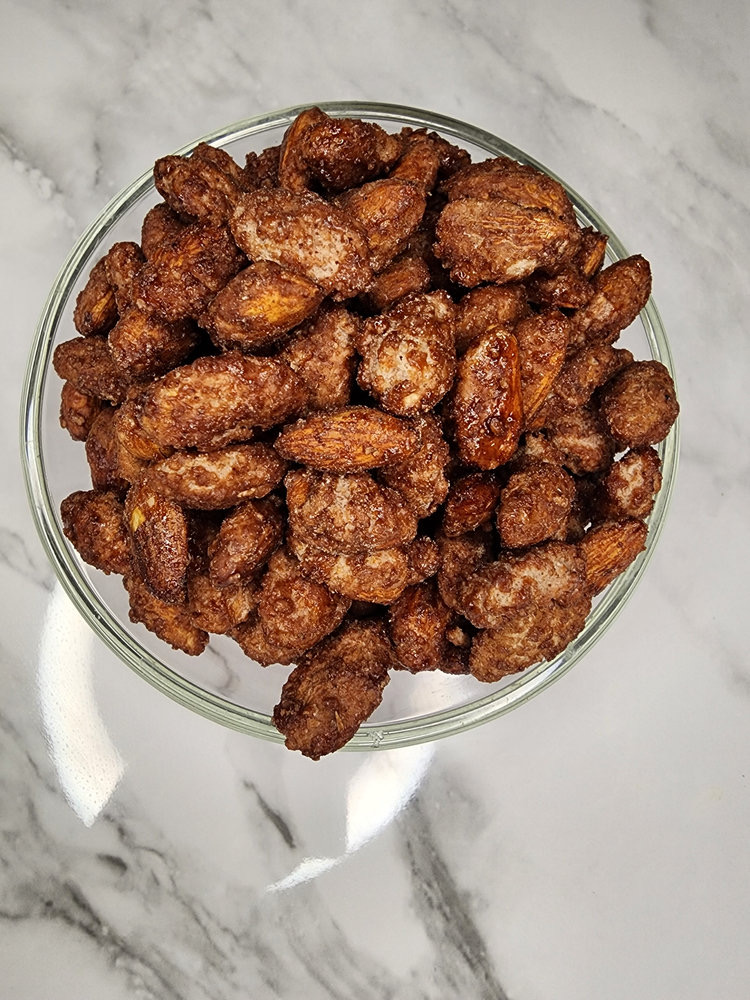 Candied almonds in a glass bowl