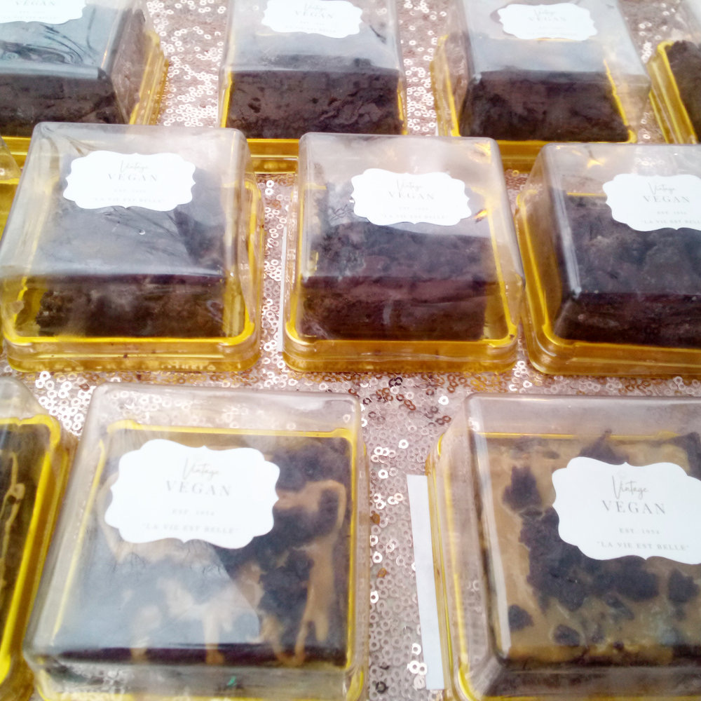 Brownie pans in Vintage Vegan labeled gold trays
